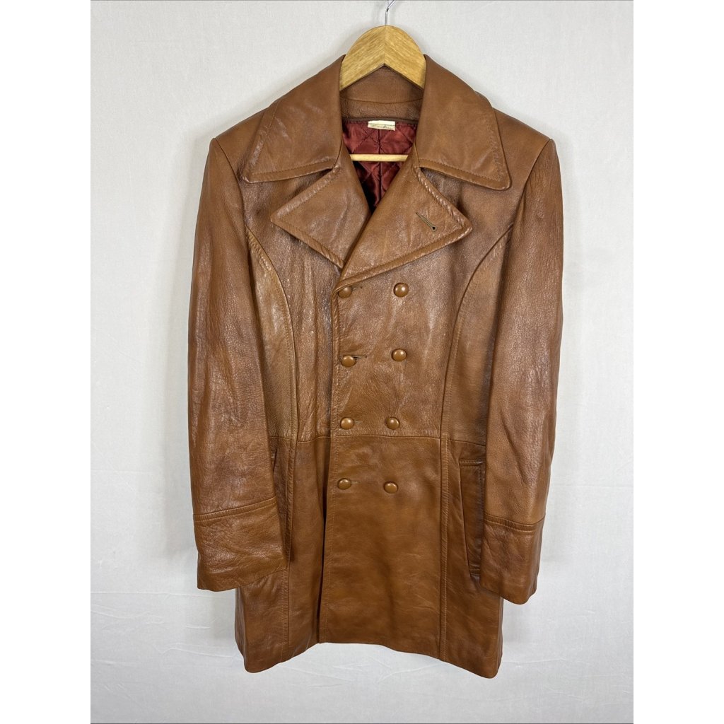 Marquis Of London Brown Leather Trench Coat Mens 36 Vintage 70s